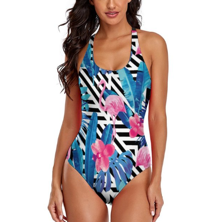maillot 1 piece noir flamant rose femme