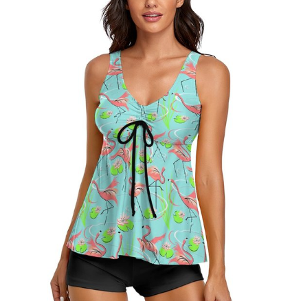 maillot de bain avec short et t shirt flamant rose