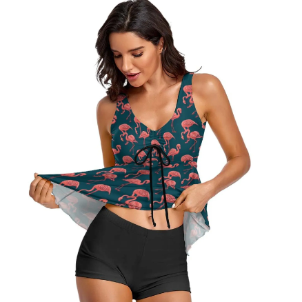 maillot 2 pieces avec haut long flamant rose et short noir