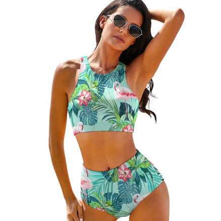 Maillot Flamant Rose Taille Haute Corail
