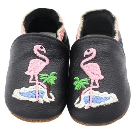 Pantoufles noires en cuir souple Flamant Rose pour bebe
