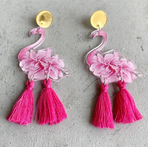 boucles d oreilles rose flamant rose pompon rose