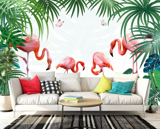 Papier Peint Flamant Rose 4 Murs Papillon salon salle a manger mode
