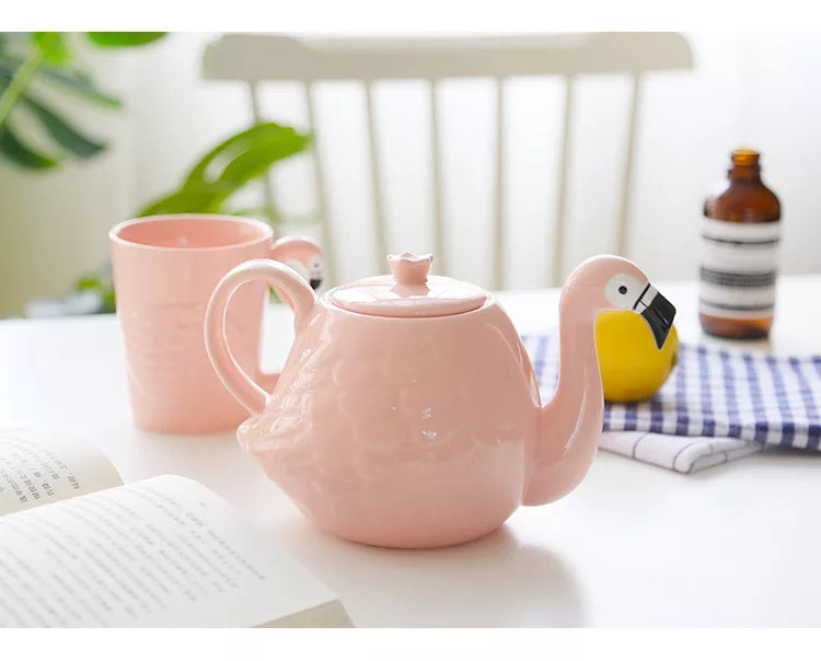 Tasse et theiere flamant rose