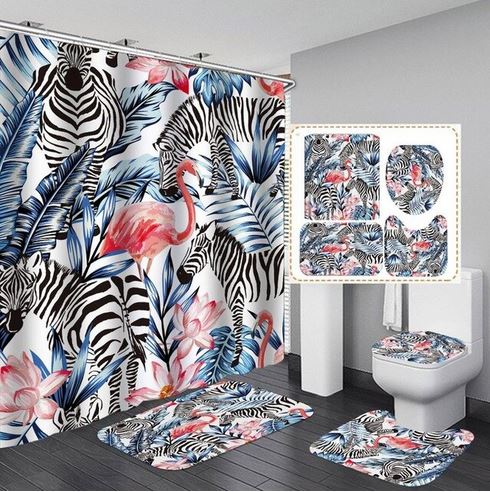rideau et tapis de douche flamant rose