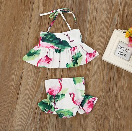 maillot 2 pieces enfant flamant rose