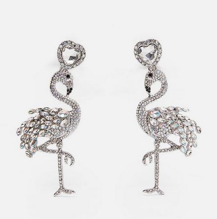boucles d'oreilles flamant rose argent en faux diamant