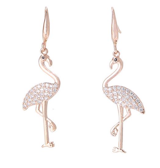 boucle d'oreilles flamant rose en or rose et strass