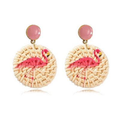 boucles d'oreilles flamant rose tendance rotin tressee paille vintage