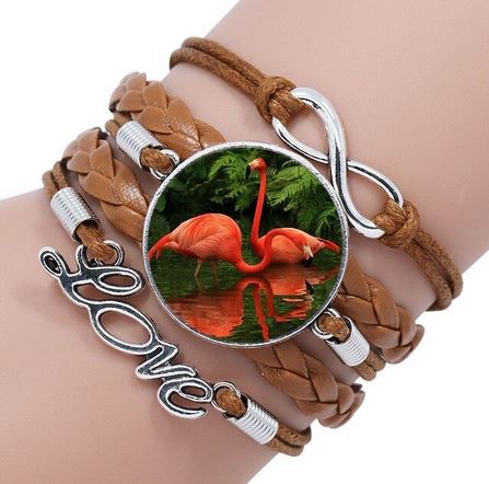 bracelet cuir flamant rose argent
