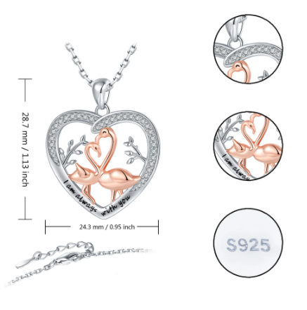 collier argent en forme de coeur avec flamant rose