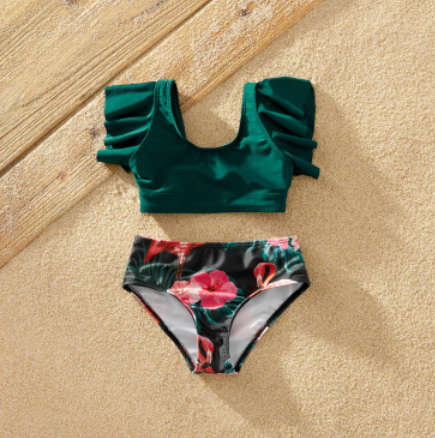 Maillots de Bain Vert Flamant Rose Famille