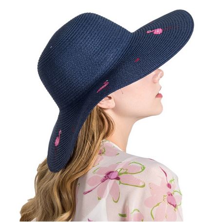 chapeau de paille marine flamant rose brode