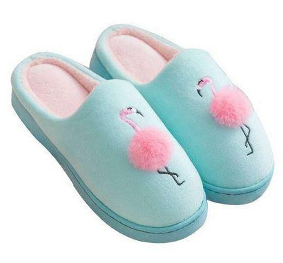 Chaussons bleu Flamant Rose avec Pompon