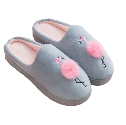 Chaussons gris avec Flamant Rose et Pompon