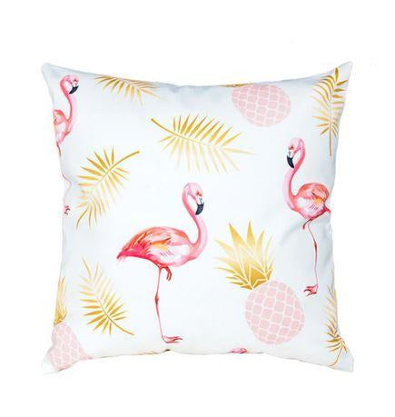 coussin blanc avec flamant rose et ananas