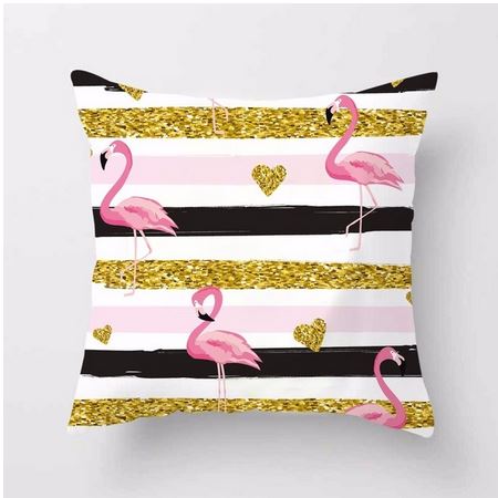 coussin rayé or et noir avec flamant rose