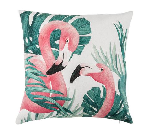 coussin avec flamant rose decor feuille tropical