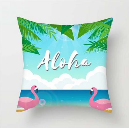 coussin avec flamant rose a la plage aloha