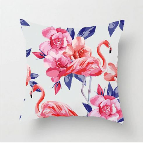 housse de coussin flamant rose et fleur rose