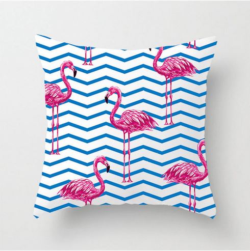 housse de coussin avec flamant rose et rayures bleues