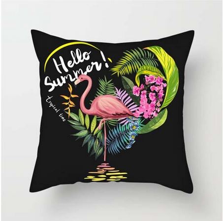 coussin noir avec flamant rose tropical ete