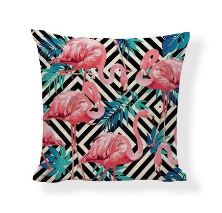 housse de coussin raye noir et blanc avec flamant rose et feuille tropical