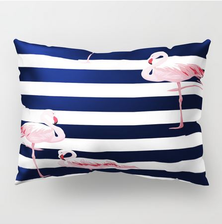 coussin raye blanc et bleu marin flamant rose