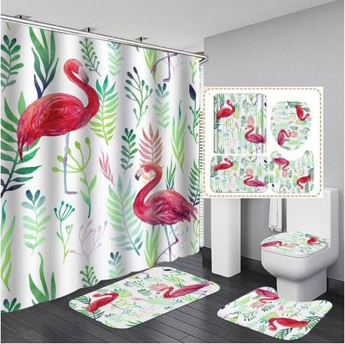 tapis de salle de bain et rideau assorti flamant rose