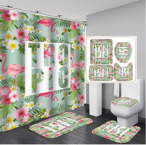 rideau de douche tapis flamant rose tropical