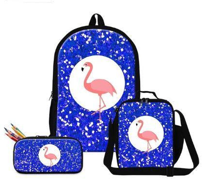sac a dos bandouliere et trousse flamant rose paillette bleu roi
