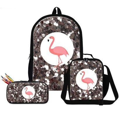 cartable sac et trousse paillette flamant rose
