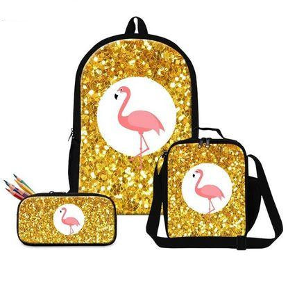 cartable et trousse flamant rose paillette or