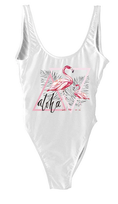maillot de bain blanc et flamant rose chic classe jet set