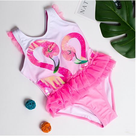 maillot fille avec paillettes et flamant rose