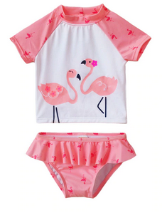 maillot manche 2 pièces enfant flamant rose