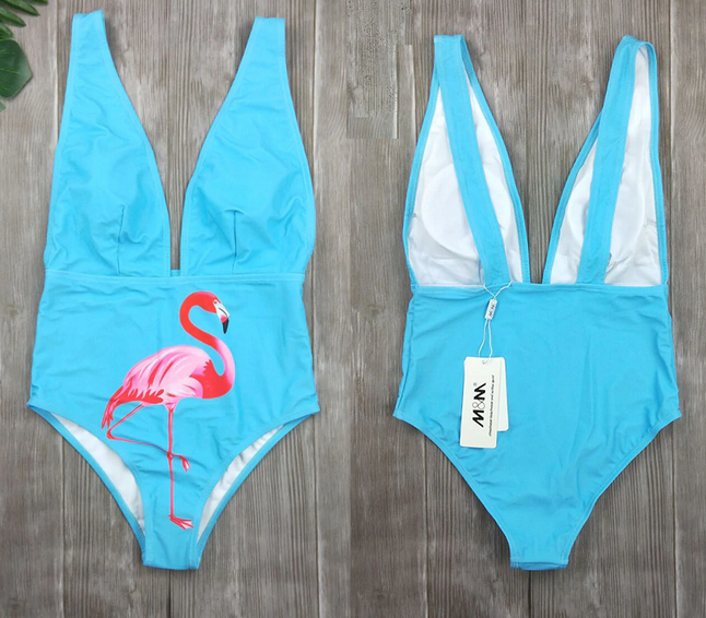 flamant rose maillot de bain 1 piece bleu