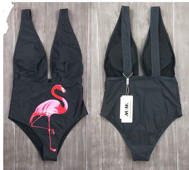 maillot de bain noir avec flamant rose pour femme pulpeuse ronde