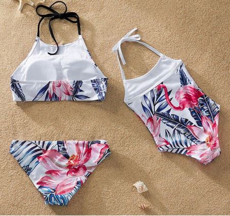 maillots de bain dos nus femme et fille flamant rose