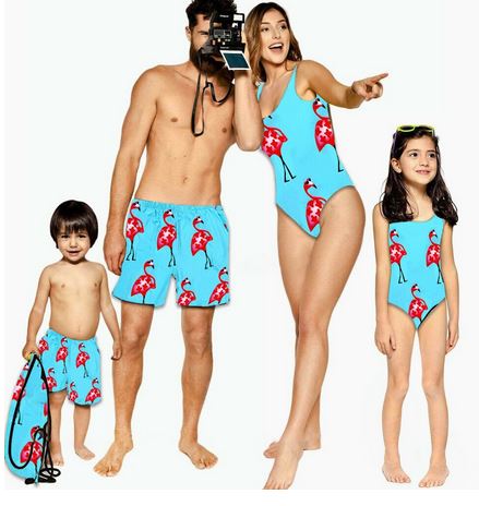 maillots de bain pour toute la famille avec flamant rose