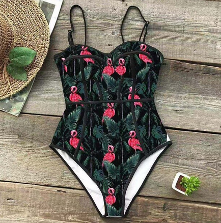 maillot flamant rose bustier bretelles amovibles reglable vert et noir
