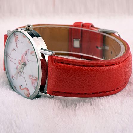 montre femme flamant rose cuir rouge
