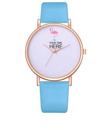 montre bracelet cuir bleu flamant rose