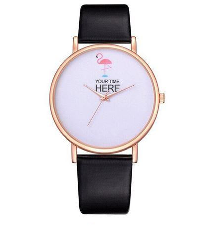 montre bracelet cuir noir flamant rose