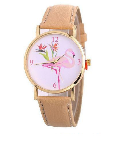 montre flamant rose en cuir camel