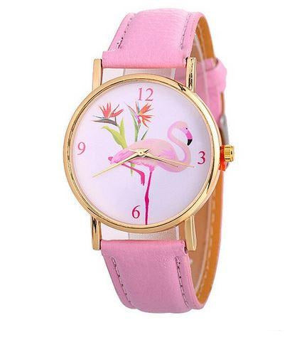 montre avec flamant rose en cuir pour fille femme ado