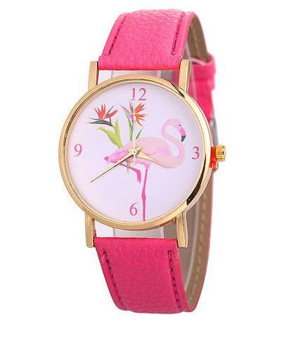 montre en cuir avec flamant rose