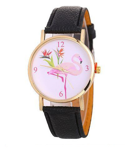 montre flamant rose en cuir noir pour homme