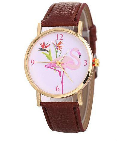 montre flamant rose cuir marron