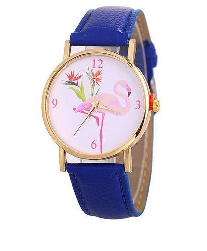 montre flamant rose en cuir bleu roi electrique